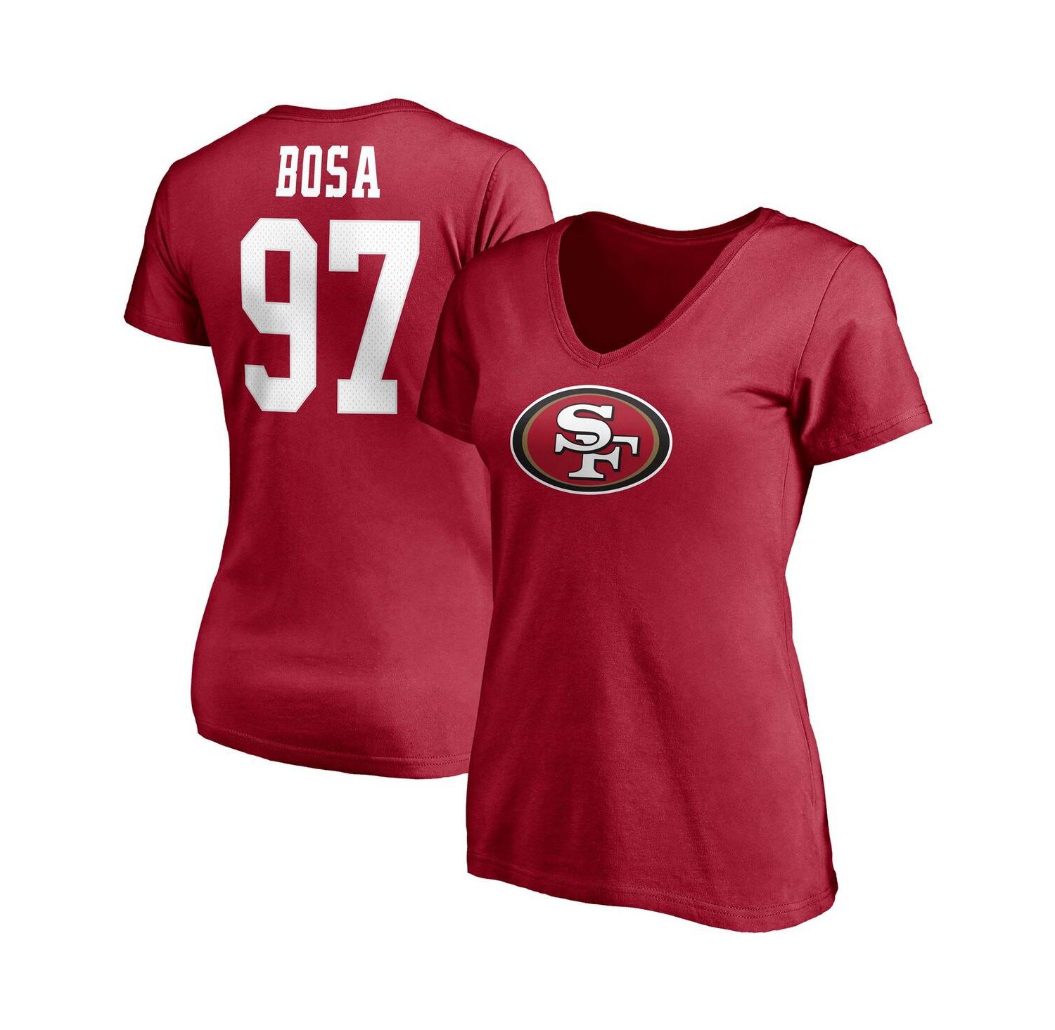 Women's Nick Bosa Scarlet San Francisco 49ers Player Icon Name and Number V-Neck T-shirt