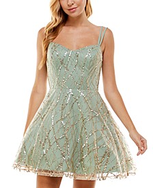 Juniors' Sequined Glitter Mesh Fit & Flare Party Dress