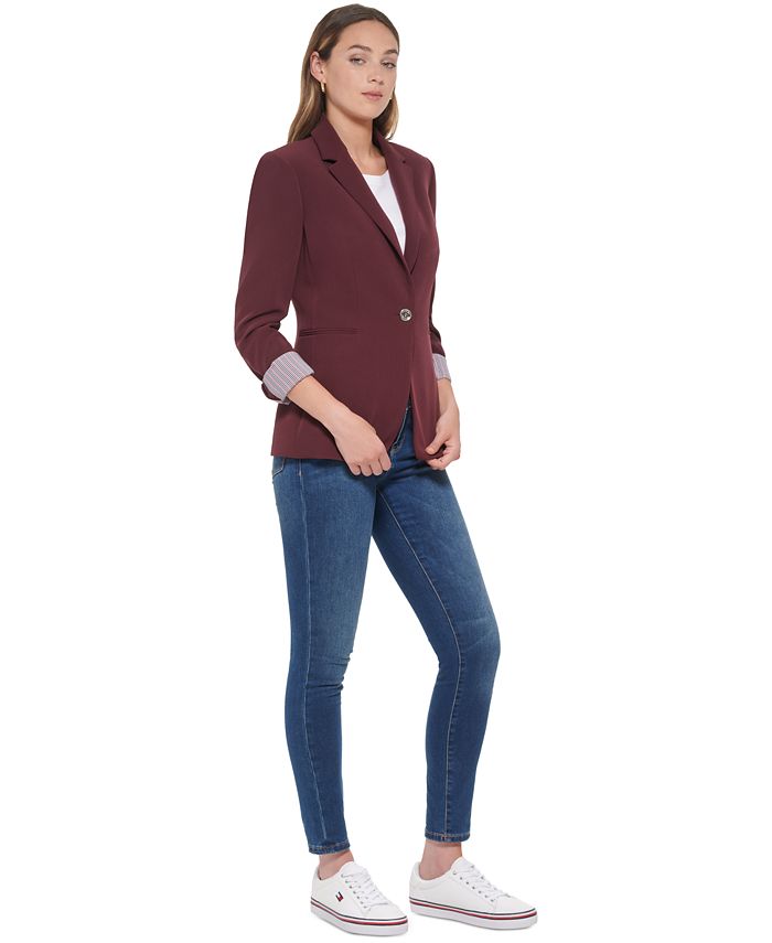 Tommy Hilfiger Women's Windowpane-Print Single-Button Blazer Blue Size 4