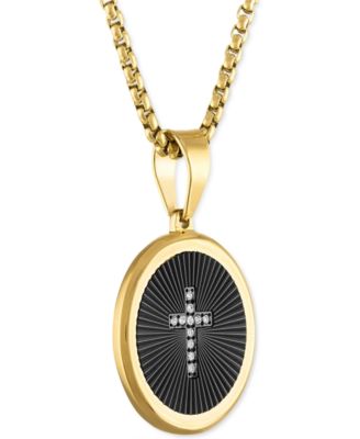 Men's Diamond Cross Oval 22" Pendant Necklace in Black & Gold-Tone Ion-Plated Stainless Steel