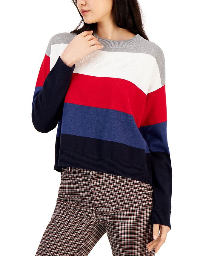 Bevriezen artillerie Executie Tommy Hilfiger Women's Multi-Stripe Logo Bubble Sweater & Reviews - Sweaters  - Women - Macy's