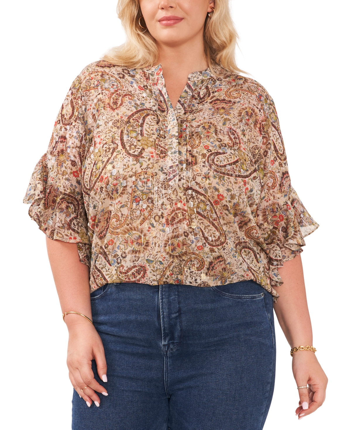 Vince Camuto Plus Size Pintucked Flutter-Sleeve Blouse