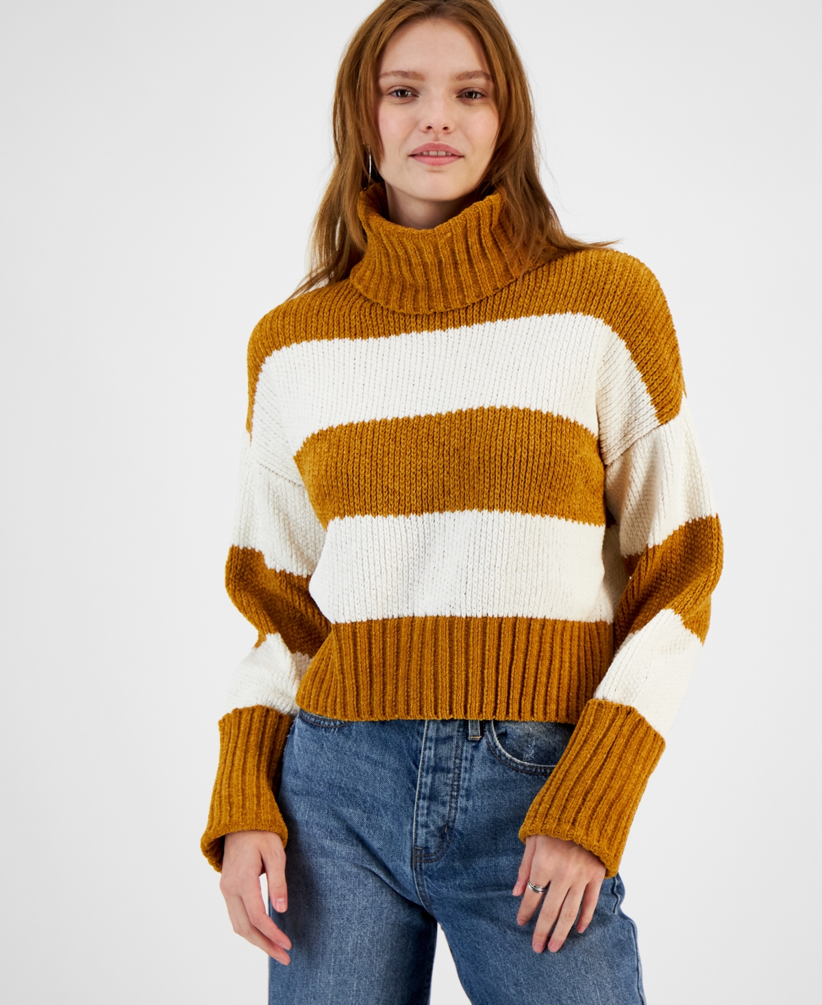 Hippie Rose Juniors' Chenille Striped Turtleneck Sweater In Yellow Combo