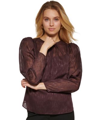 DKNY - Women's Crewneck Long-Puff-Sleeve Mesh Top