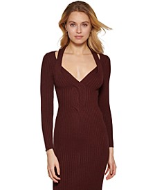 Women's Braided V-Neck Long-Sleeve Ribbed Sweater Dress