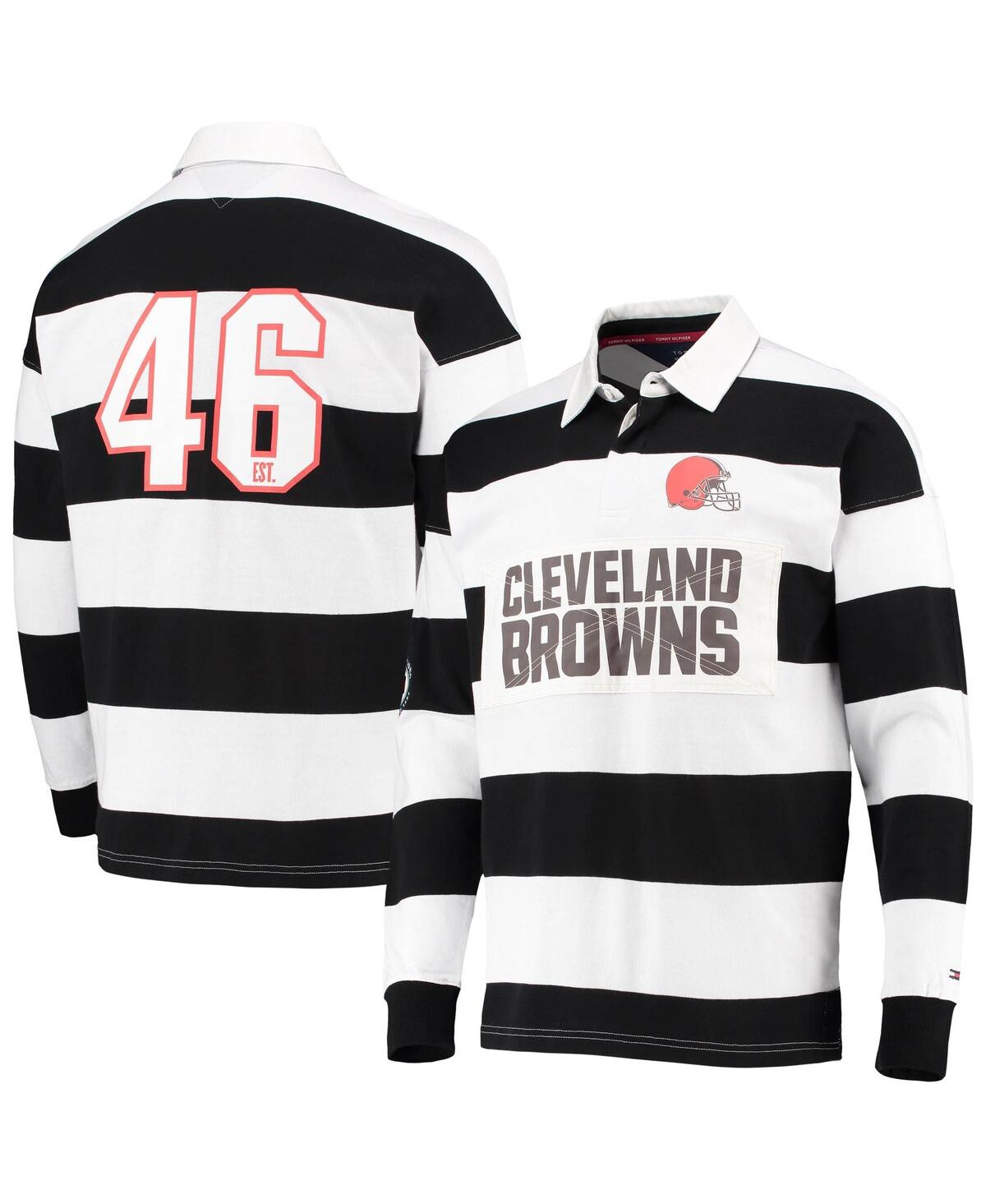 Men's Tommy Hilfiger Black, White Cleveland Browns Varsity Stripe Rugby Long Sleeve Polo Shirt
