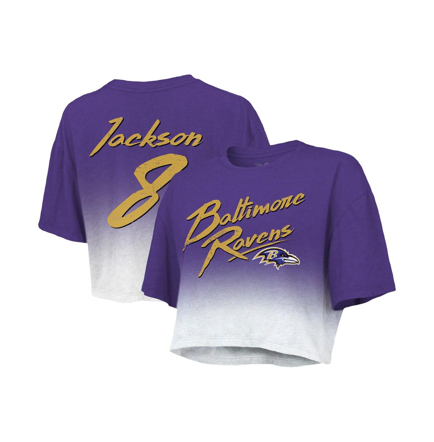 Женская футболка Majestic Threads Lamar Jackson Purple, White Baltimore Ravens Drip-Dye Player Name and Number Tri-Blend Crop — фото 2
