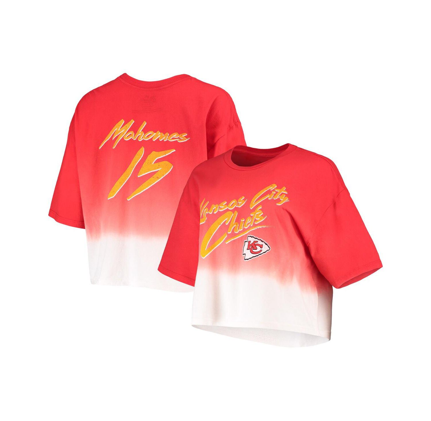 Women's Threads Patrick Mahomes Red, White Kansas City Chiefs Drip-Dye Player Name and Number Tri-Blend Crop T-shirt