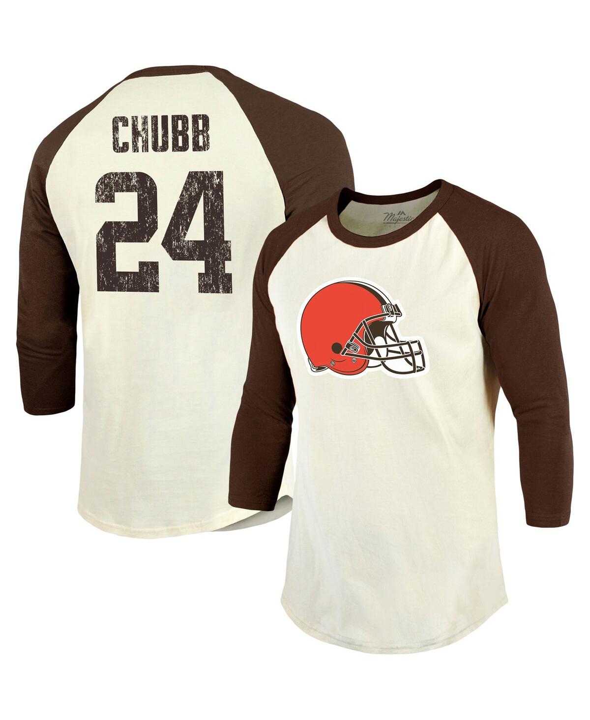 Majestic Threads Nick Chubb Cream/brown Cleveland Browns Vintage Player Name & Number 3/4-sleeve Fit In Cream,brown