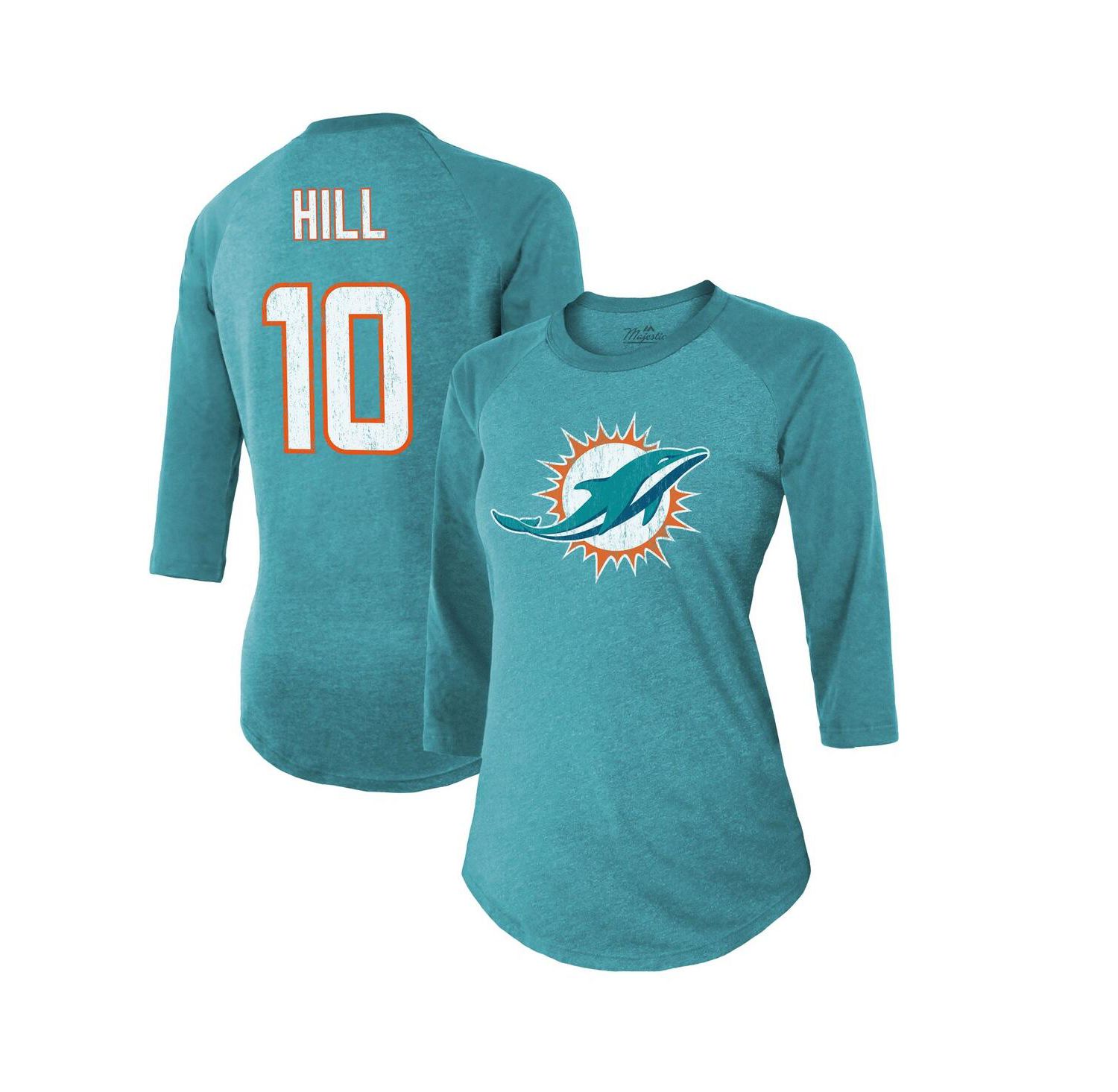 Women's Threads Tyreek Hill Aqua Miami Dolphins Name & Number Raglan 3/4 Sleeve T-shirt