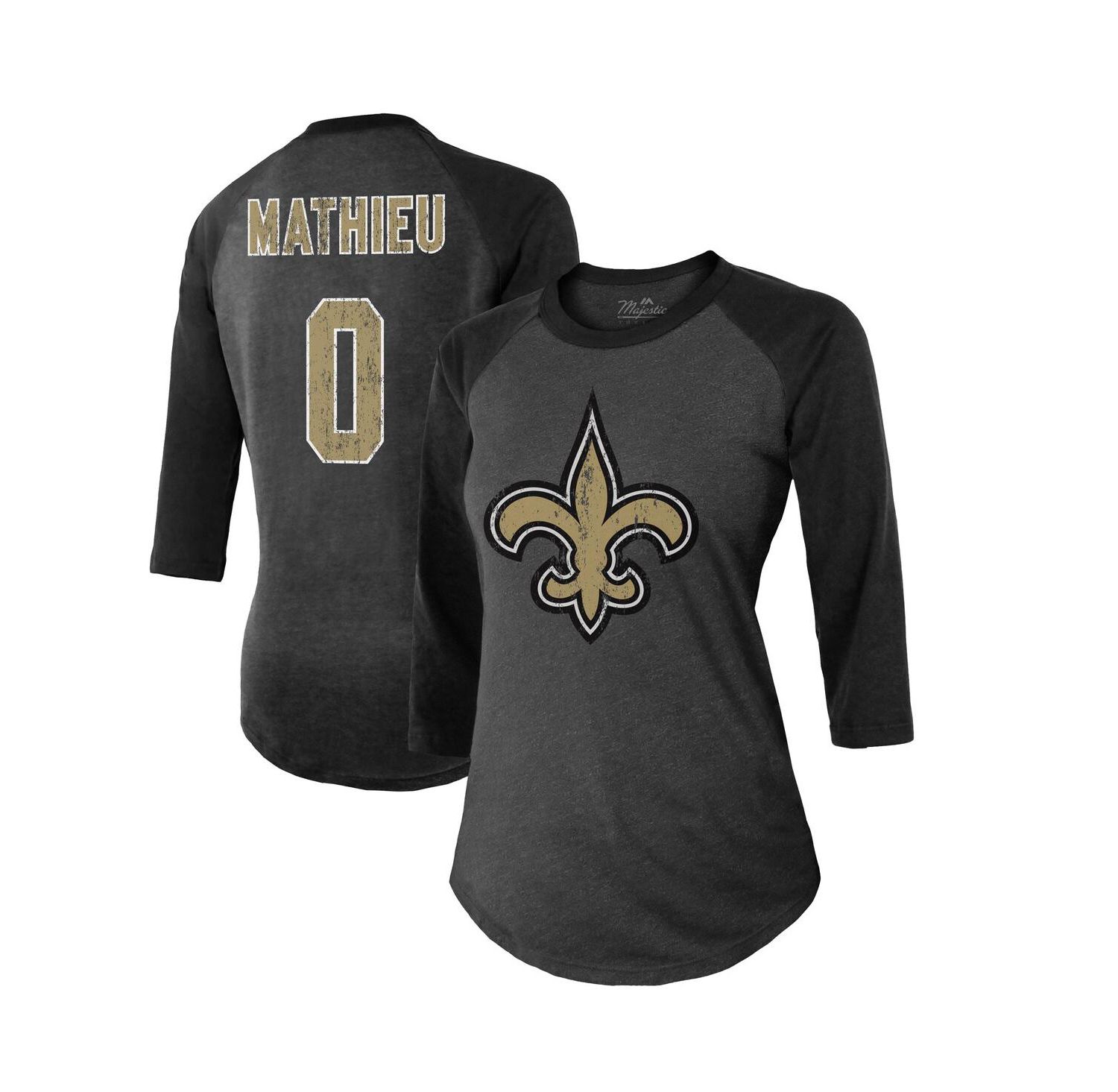 Women's Threads Tyrann Mathieu Black New Orleans Saints Name & Number Raglan 3/4 Sleeve T-shirt