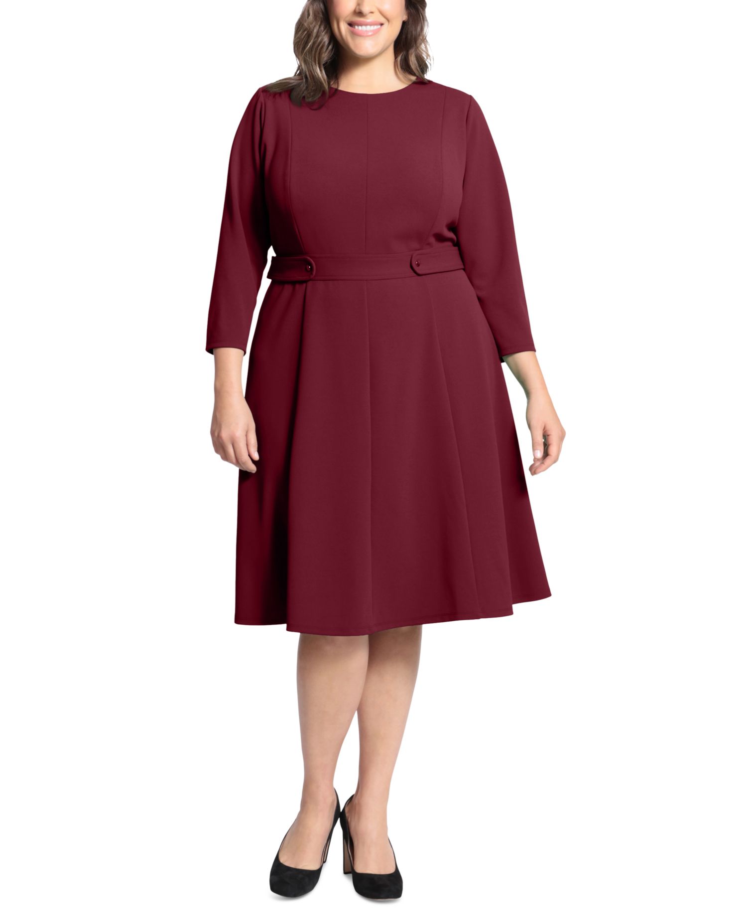 Plus Size 3/4-Sleeve Tab-Waist Fit & Flare Dress