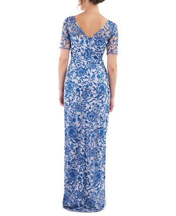 JS Collections Women s Alexis Embroidered Mesh Short Sleeve Gown