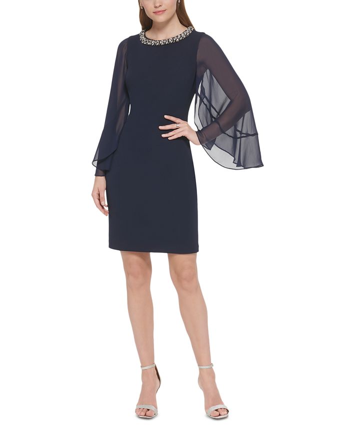 Vince Camuto Women's Chiffon-Sleeve Rhinestone-Embellished Dress - Macy's