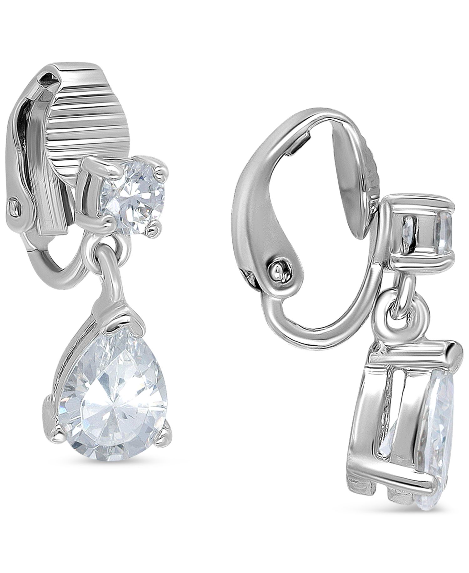 Cubic Zirconia Pear-Shape Clip-On Drop Earrings in Sterling Silver