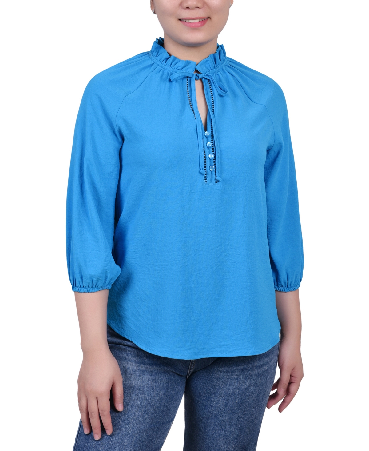 Petite 3/4 Sleeve Ruffle Neck Blouse - Pristine