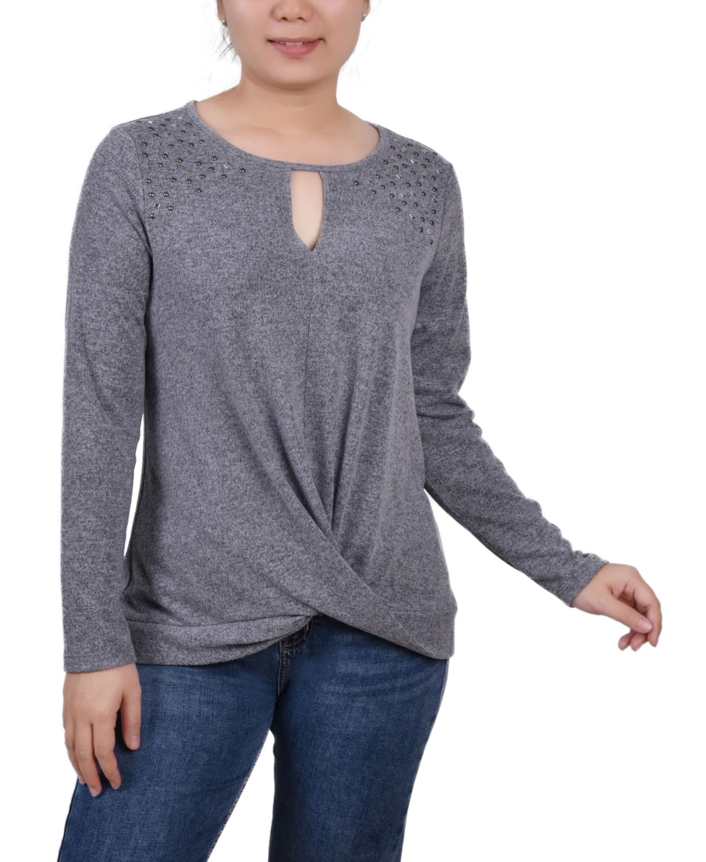 Женский топ NY Collection Petite Long Sleeve Knit Keyhole, цвет: Угольный — фото 1
