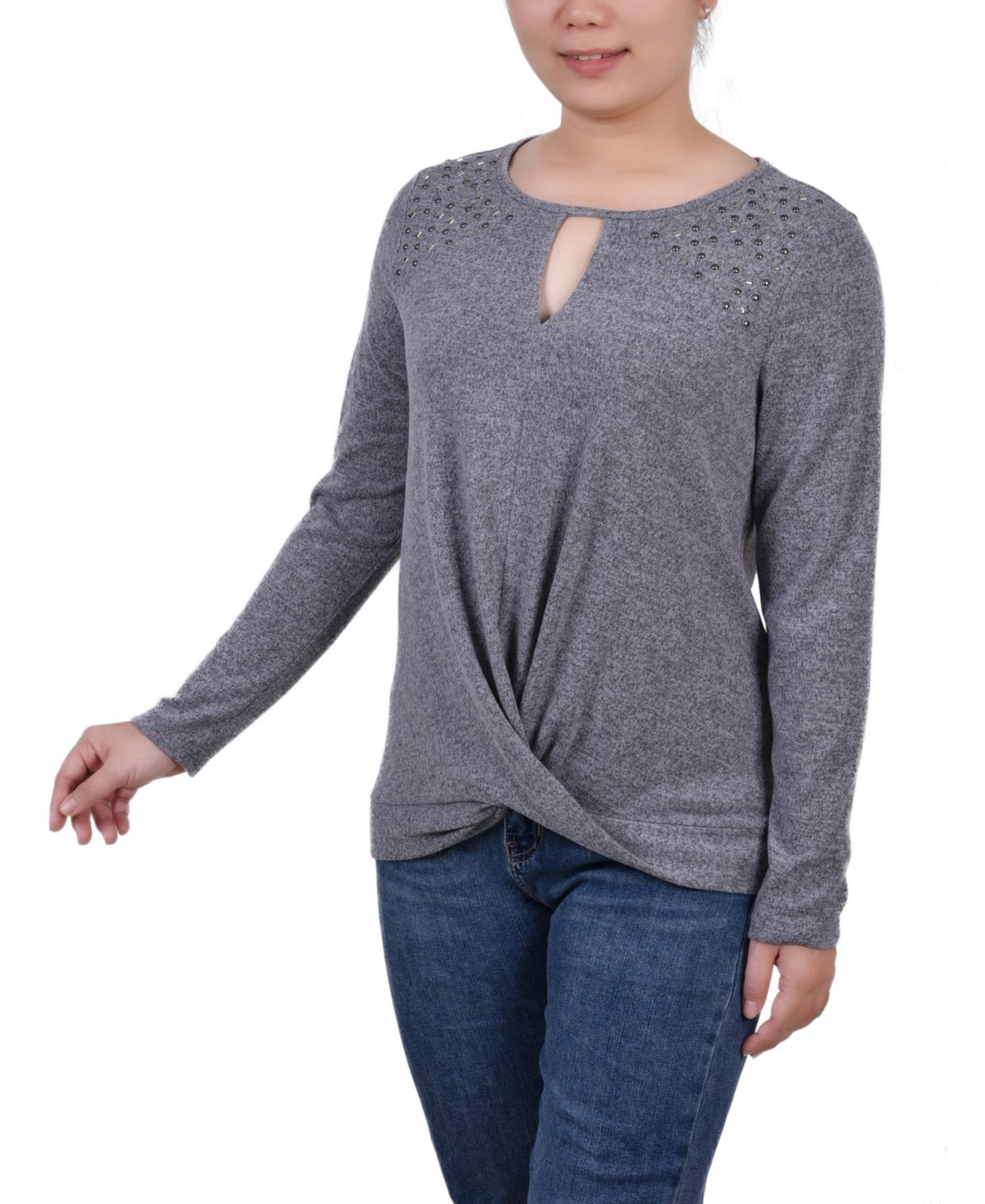 Женский топ NY Collection Petite Long Sleeve Knit Keyhole, цвет: Угольный — фото 3
