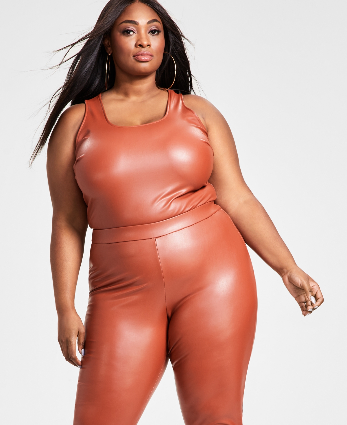 Nina Parker Plus Size Pleather Tank Scoop-neck Bodysuit, Created For Macy's In Spice