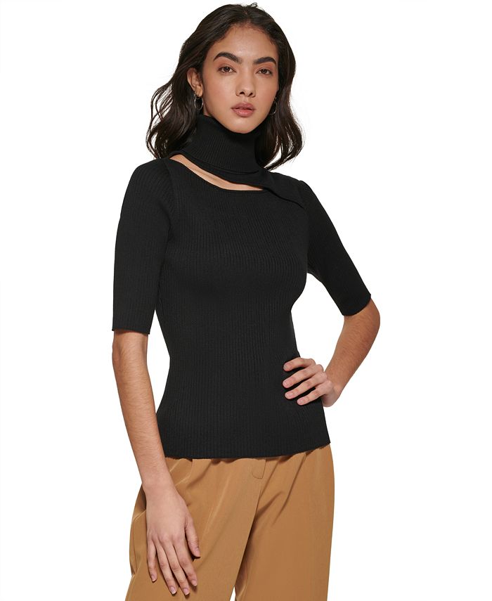 DKNY Women's Turtleneck Cutout Ribbed Elbow-Sleeve Sweater - Macy's