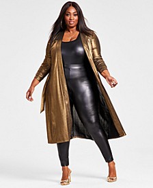 Trendy Plus Size Metallic Duster, Faux-Leather  Bodysuit & Faux-Leather Leggings, Created for Macy's