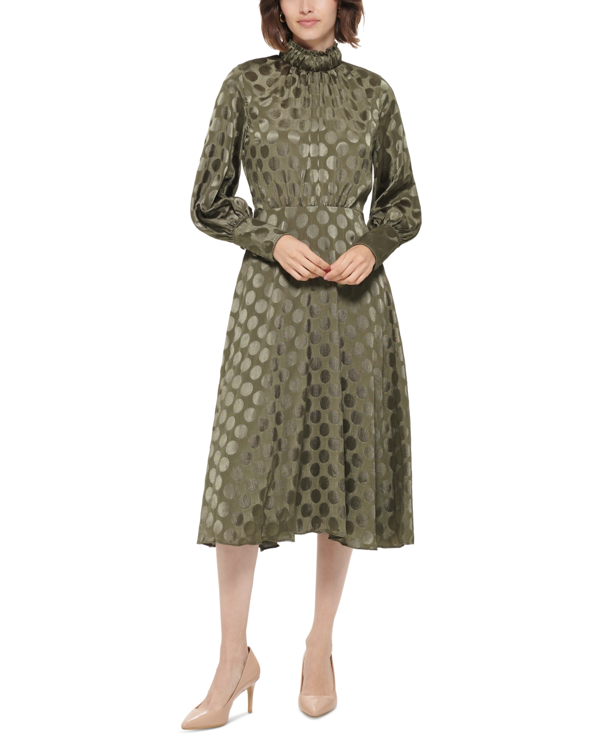 Calvin Klein Tonal Dot-Print Blouson-Sleeve A-Line Dress