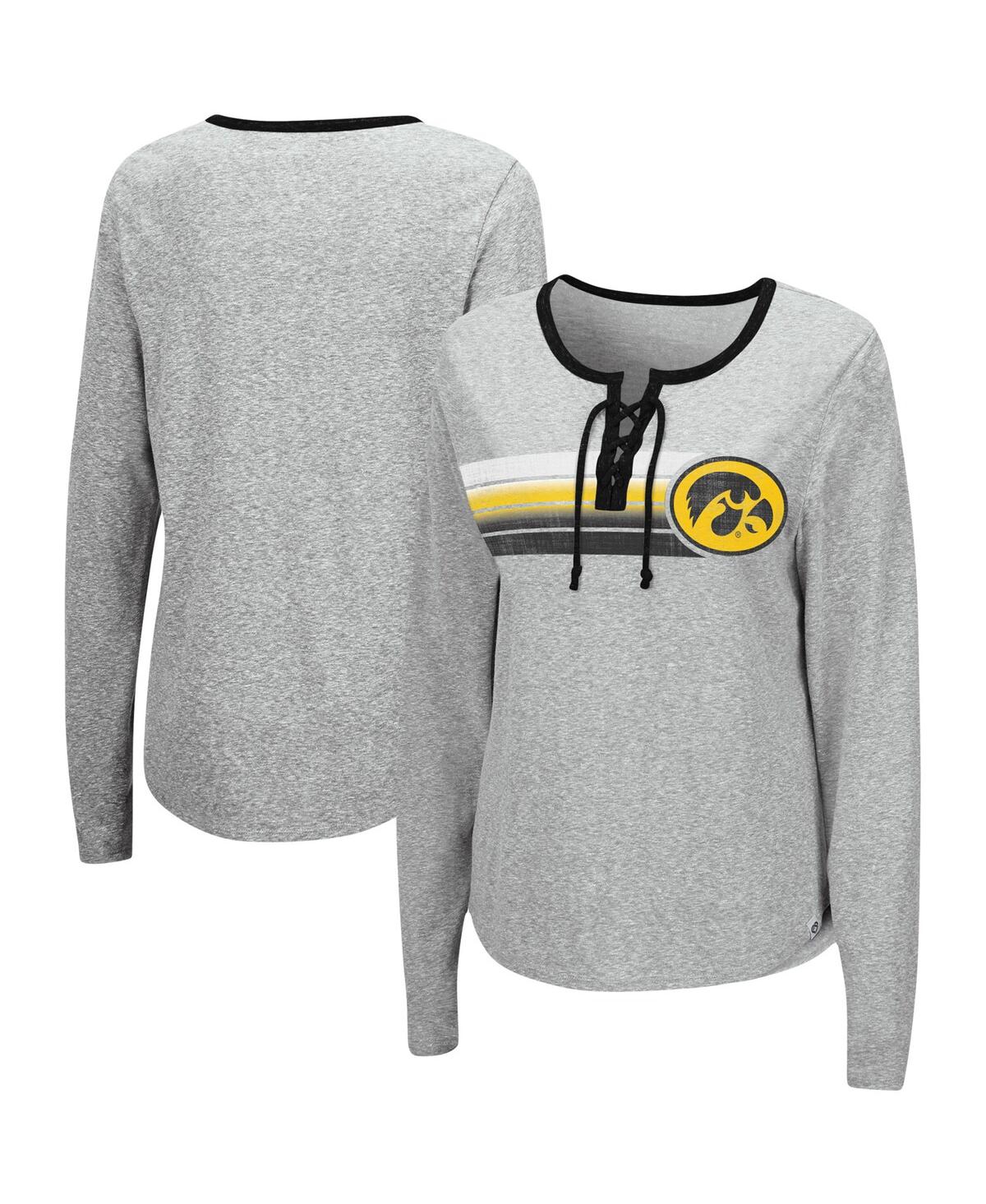 Women's Colosseum Heathered Gray Iowa Hawkeyes Sundial Tri-Blend Long Sleeve Lace-Up T-shirt - Heathered Gray