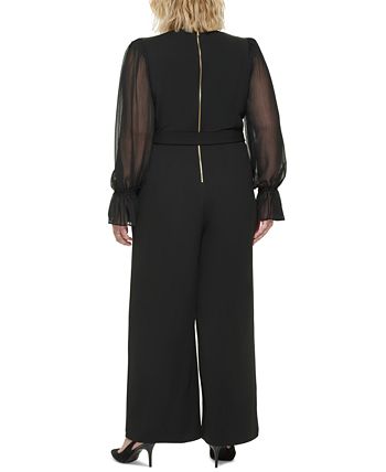 Calvin Klein Plus Size Velvet Bell-Sleeve Belted Wide-Leg Jumpsuit Black  18W