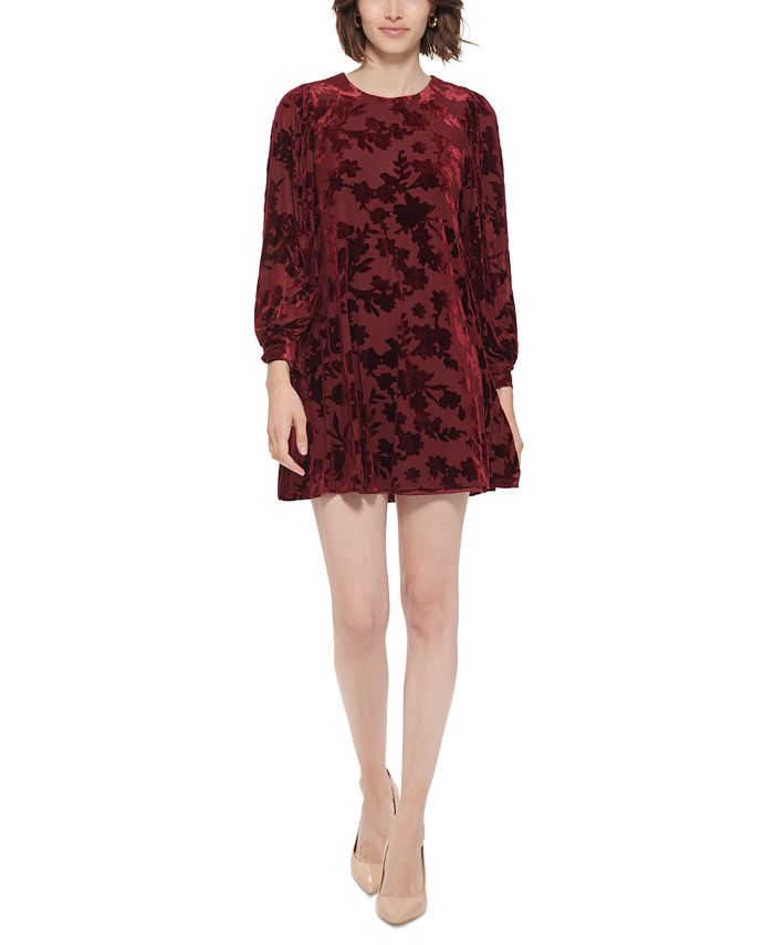 Calvin Klein Burnout Velvet Balloon-Sleeve Trapeze Dress - Macy's