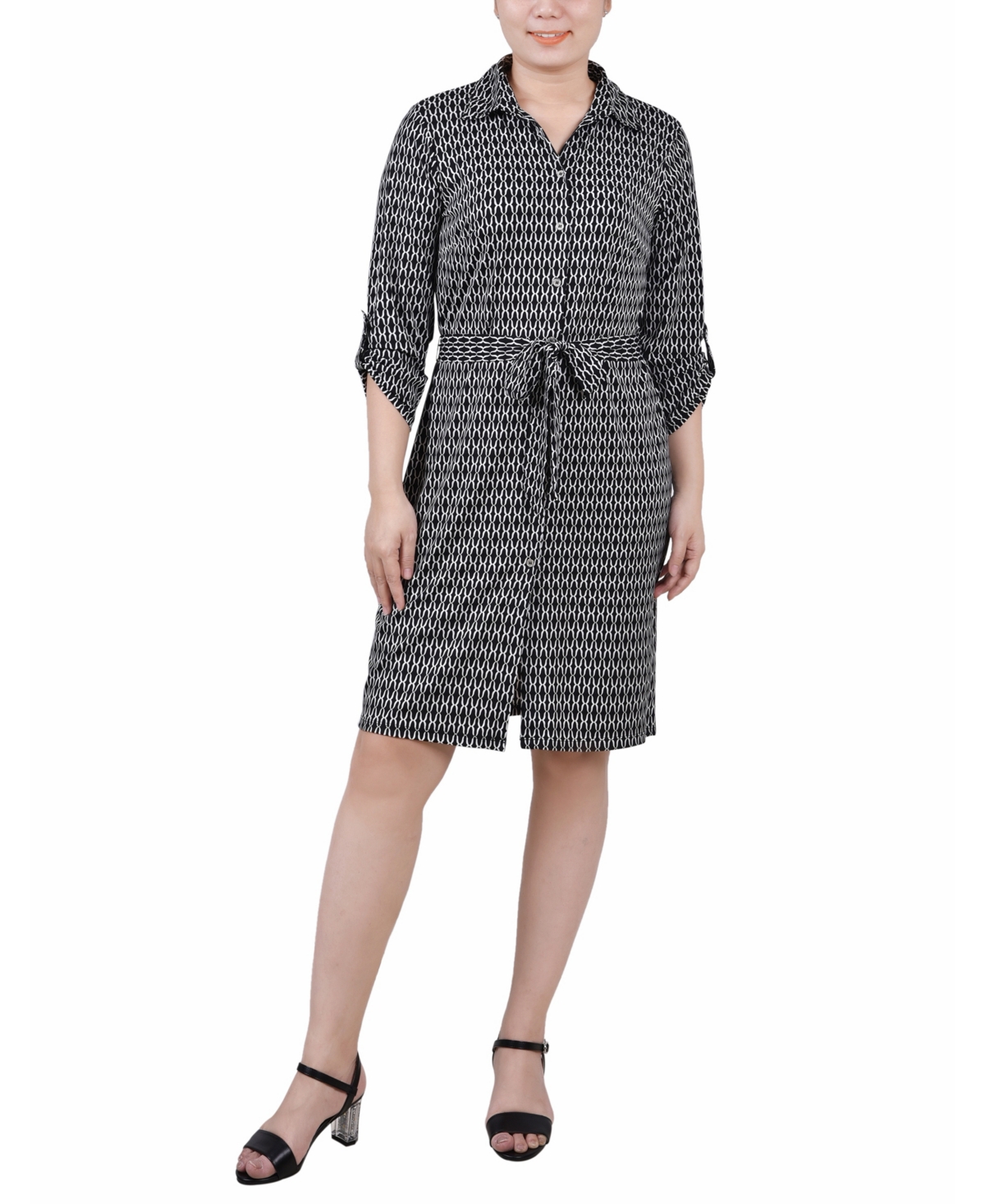 Ny Collection Petite 3/4-sleeve Printed Shirt Dress In Black,white Justin