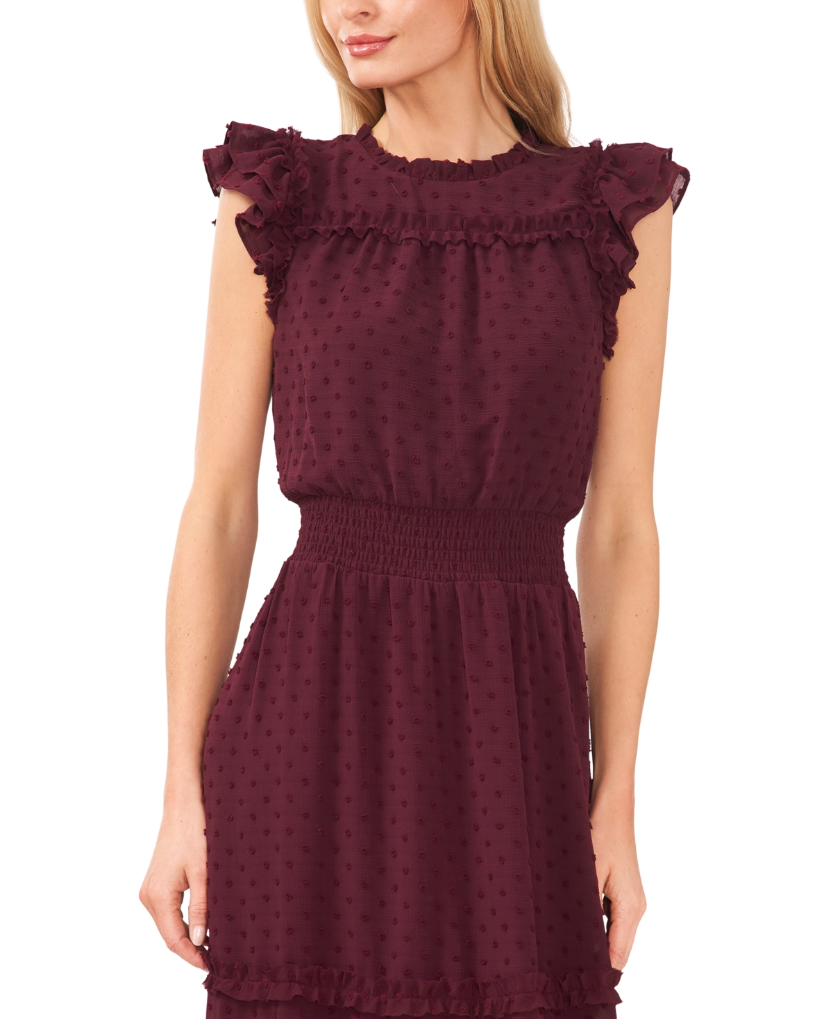 CeCe Women's Ruffled Flutter Sleeve Swiss Dot Midi Dress