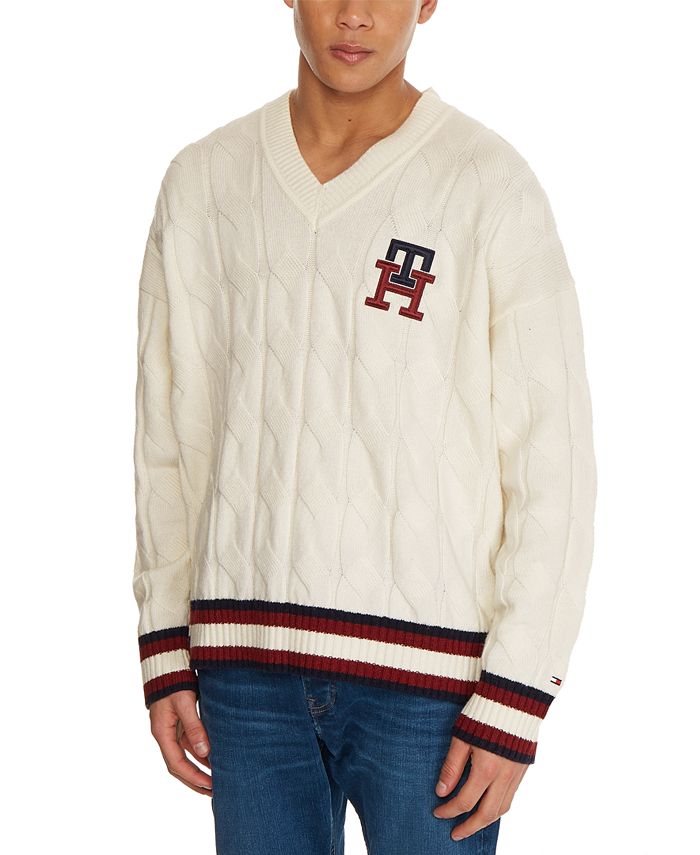 Tommy Hilfiger Men's Monogram V-Neck Cable Knit Wool Sweater - Macy's