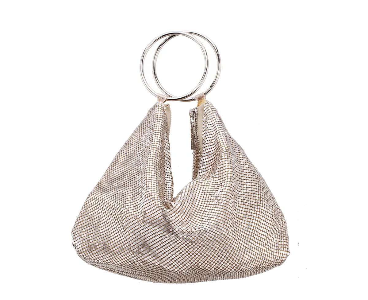 Women's Mesh Double Ring Handle Pouch Bag - Gold-Tone