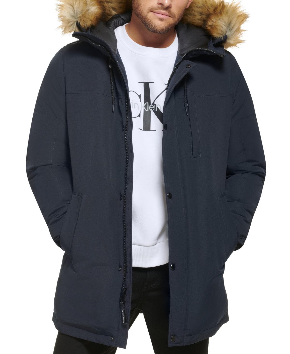Calvin Klein Men's Long Parka with Faux-Fur Lined Hood