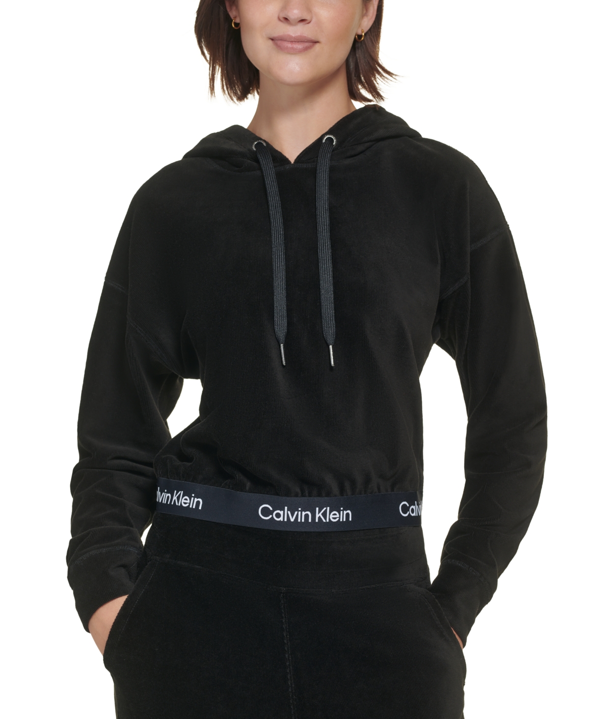 Calvin Klein Performance Women's Logo Elastic Long-Sleeve Pullover Velour Hoodie