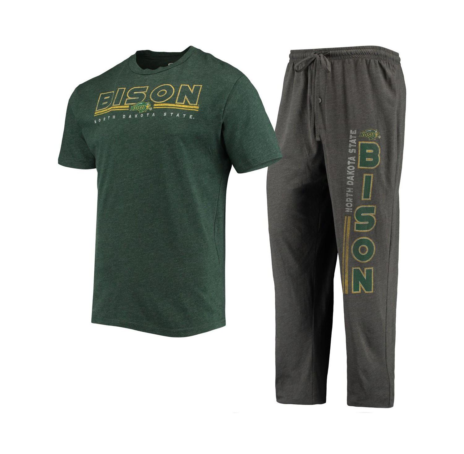 Men's Heathered Charcoal, Green NDSU Bison Meter T-shirt and Pants Sleep Set
