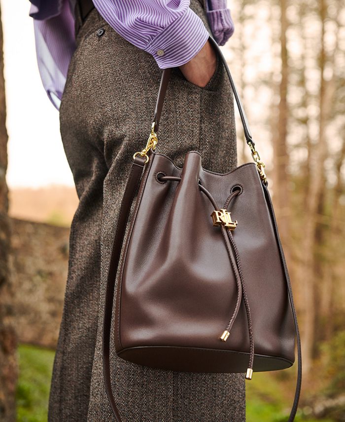 Brown Leather Bucket Bag Drawstring Bag Medium Purse Womens