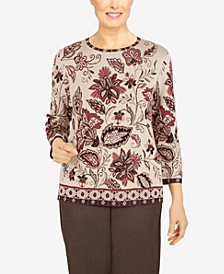 Petite Size Sorrento Floral Jacquard Geometric Trim Sweater