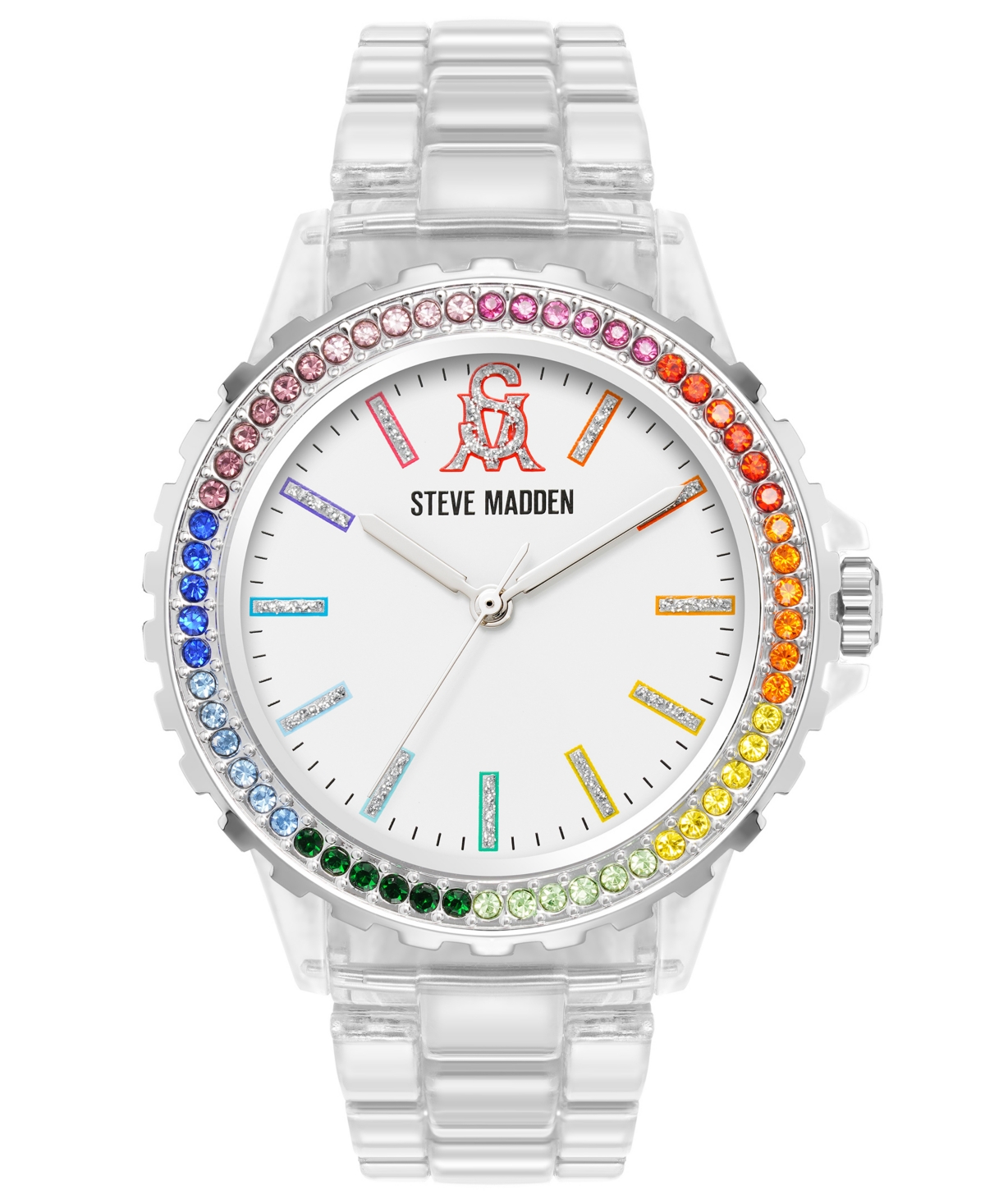 Steve Madden Women's Analog Clear Plastic With Rainbow Crystal Bezel Bracelet Watch, 40mm