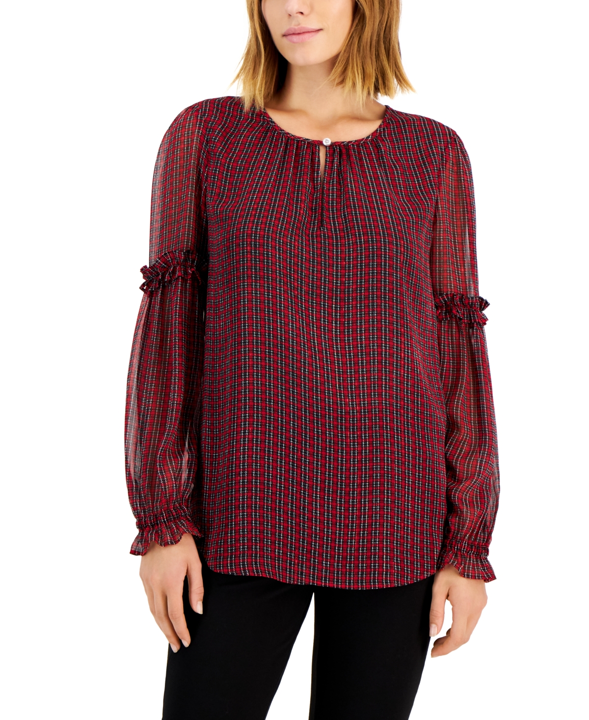 Tommy Hilfiger Women's Checkered Keyhole Ruffle-Sleeve Top