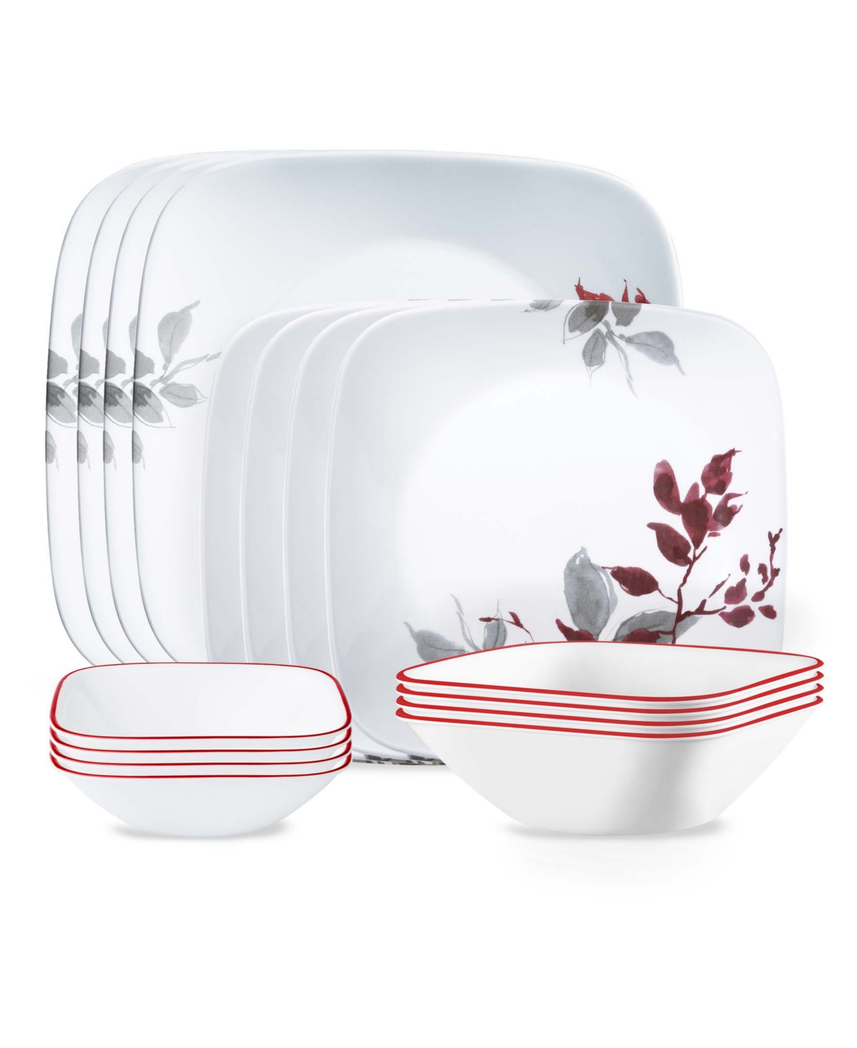 Square Kyoto Leaves 16 Piece Dinnerware Set, Service for 4 - White