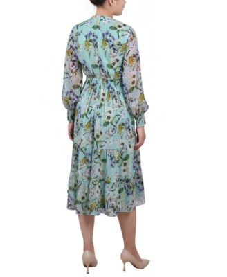 Women's Long Sleeve Clip Dot Chiffon Dress with Smocked Waist and Cuffs Dress
