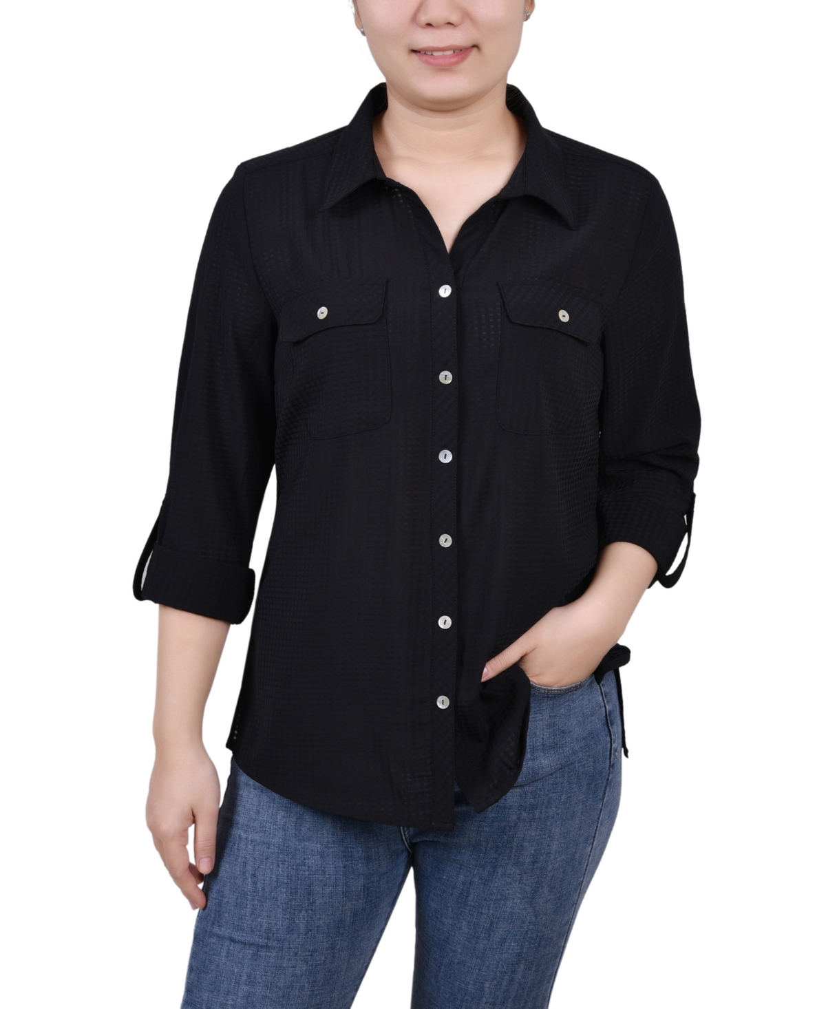 Ny Collection Women's 3/4 Sleeve Windowpane Blouse In Black