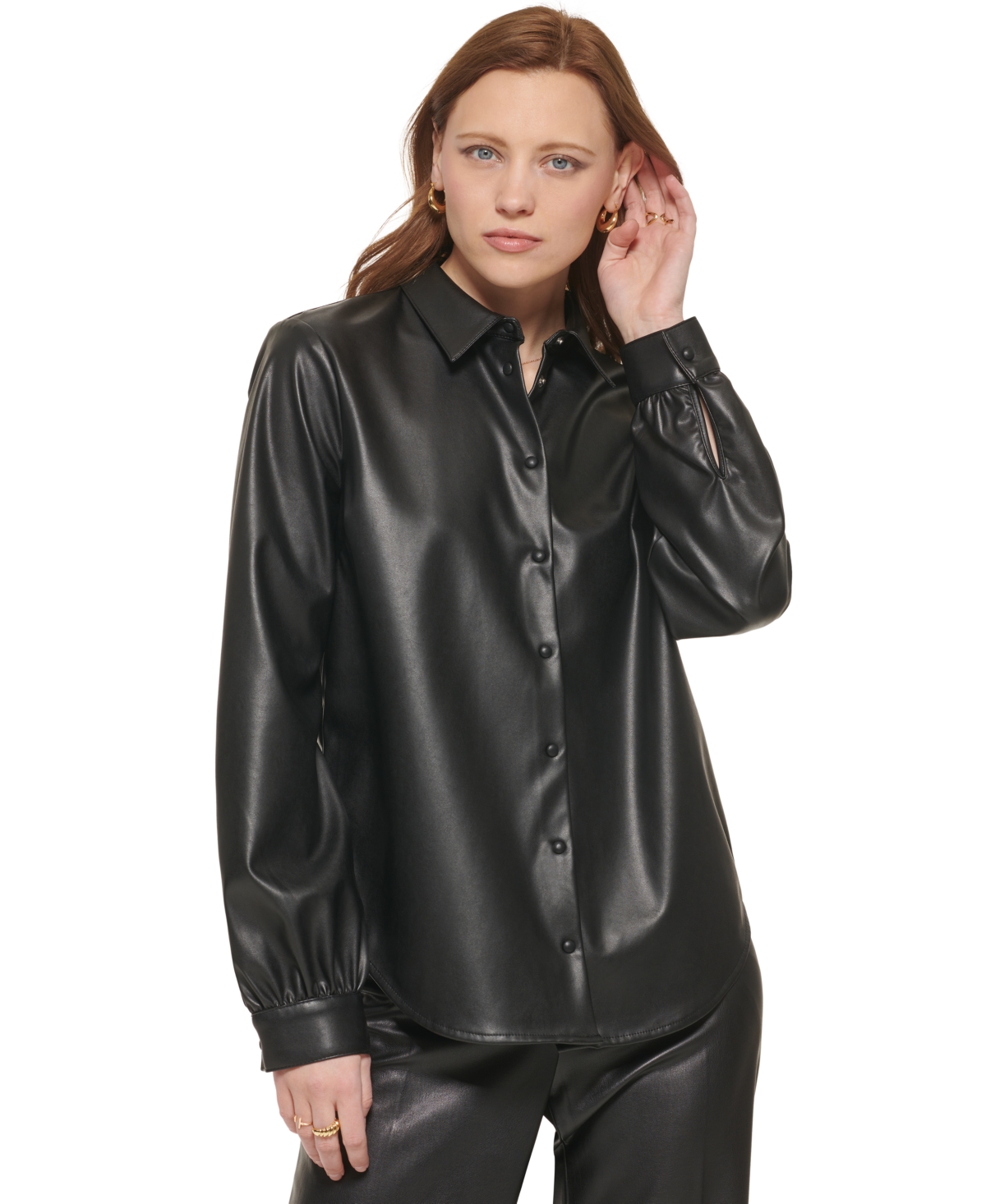 Calvin Klein Women's Long Sleeve Faux Leather Snap Front Shirt