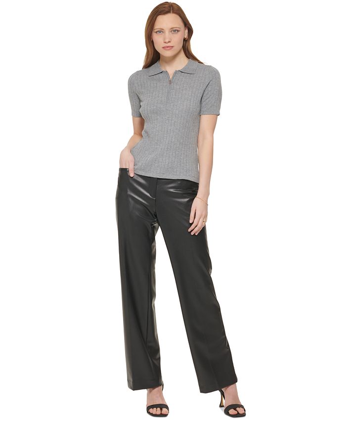 Calvin Klein Women's Short Sleeve Collared Zip Front Knit Top Macy's