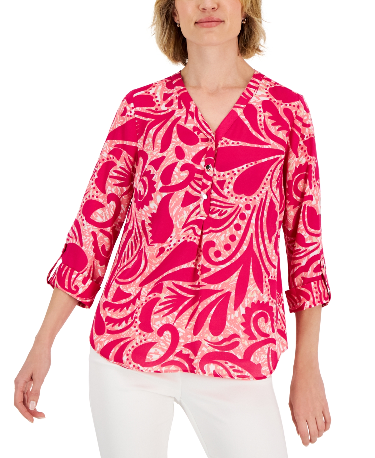 Jm Collection Petite Swirlprint Rolltabsleeve Utility Top, Created