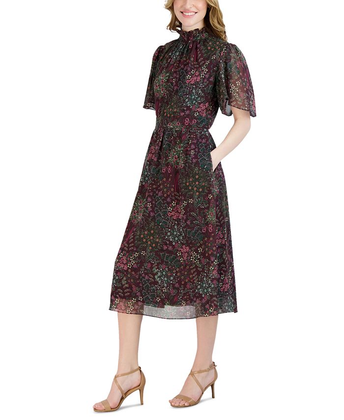 julia jordan Women's Mock Neck Flutter-Sleeve Midi Dress - Macy's