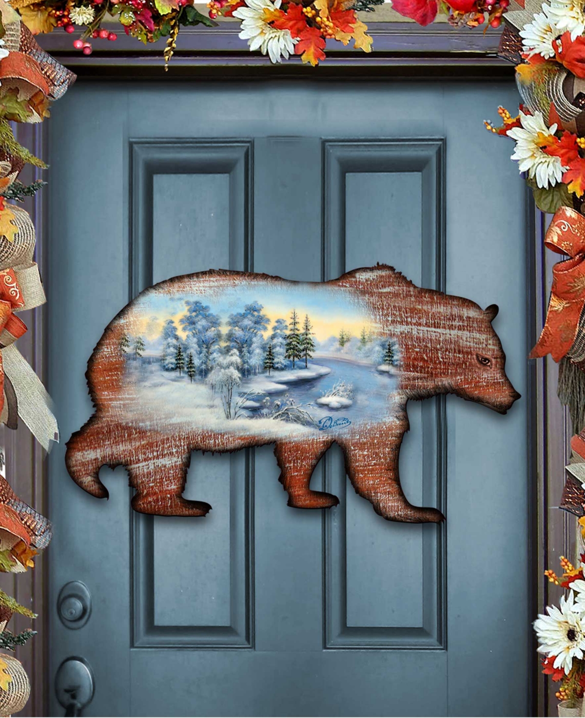 Grizzly Bear Vintage-Like Wildlife Holiday Door Decor - Multi Color
