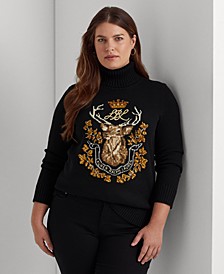 Plus Size Embroidered Elk Turtleneck Sweater 