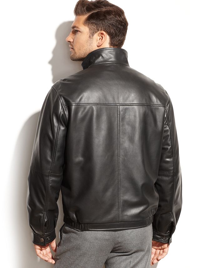 Perry Ellis Smooth Leather Bomber Jacket - Macy's